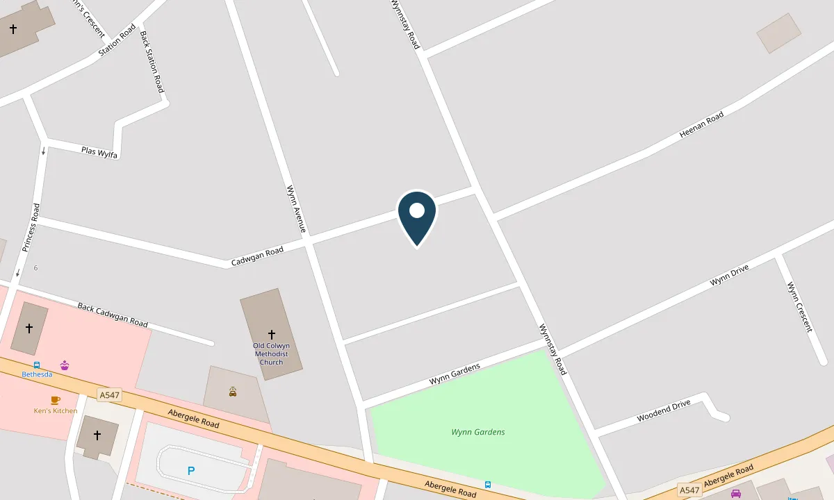 Map of Cadwgan Road, Old Colwyn, with a pin marking Wynne Crest. Opens directions in Google Maps.